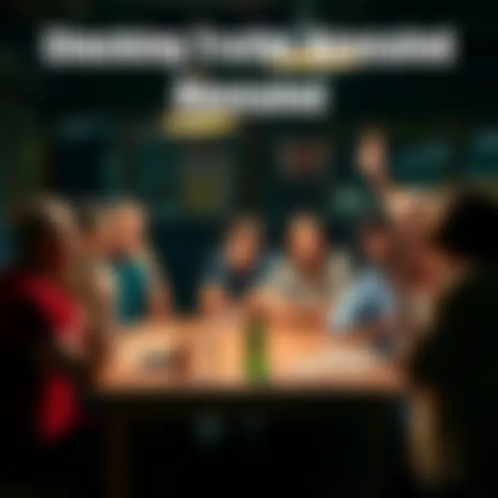 A diverse group of people discussing surprising facts and challenging beliefs around a table, with expressions of curiosity and disbelief.