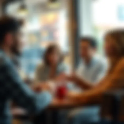 A group of people discussing their worst etiquette experiences at a coffee shop, with surprised expressions and gestures.
