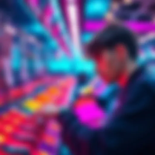 A person focused on a shoe game with lively colors and shoe designs around them, showing signs of concentration and thought.