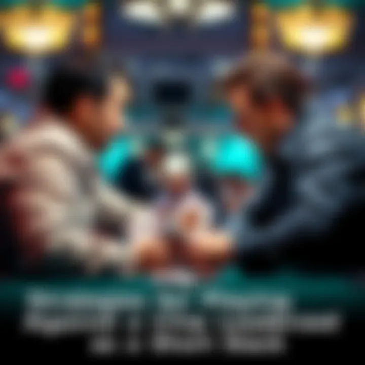 A tense poker game scene showing a short stack player facing a chip leader with a large chip stack, both focused on their cards.