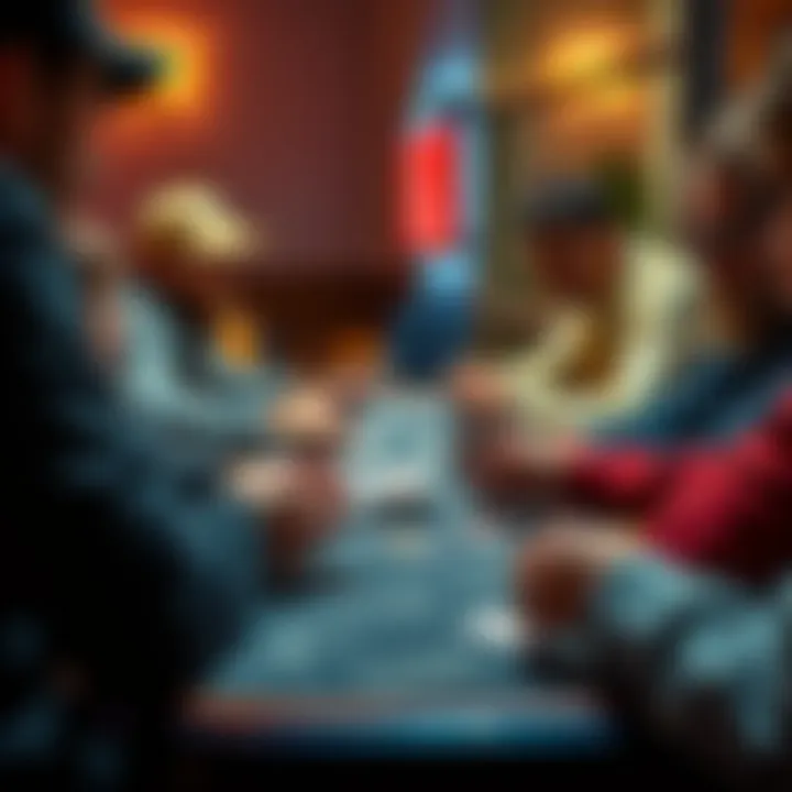 A group of people playing low-stakes card games, focusing on shuffling cards at a small table, with some cards partially visible during the shuffle.