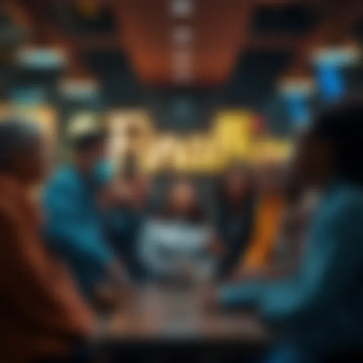 A group of diverse people discussing the meaning of the word 'Finally' in a casual setting with expressions of realization