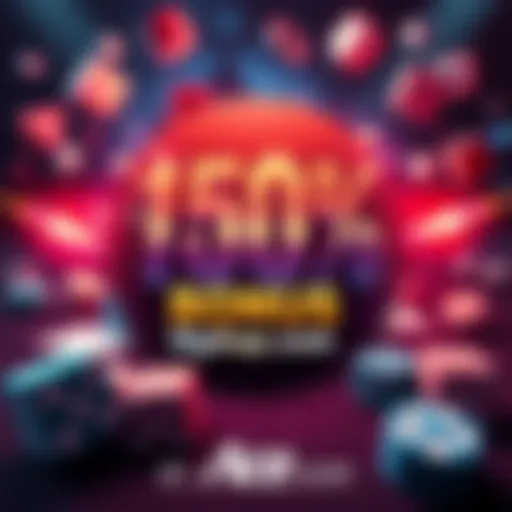 A vibrant graphic showcasing a 150% signup bonus at Ace.com with gaming elements like dice and cards in the background.