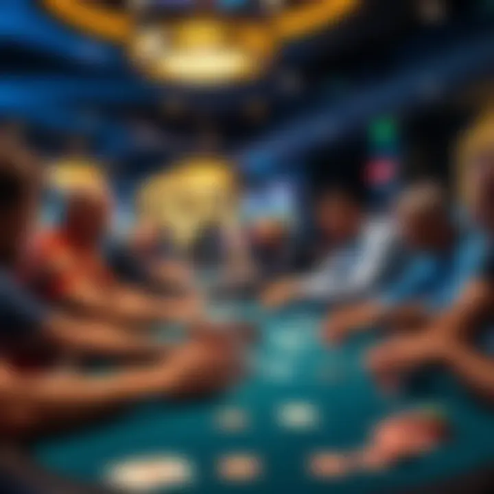 Players engaged in a fast-paced Single Table Poker Tournament at a casino, focusing on their cards and chips