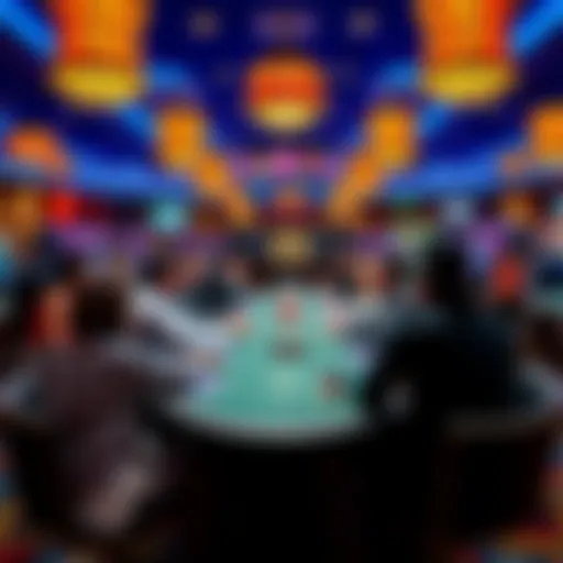 A crowded table at Sky River Casino with players engaged in a low limit game, friendly dealers interacting, and a lively atmosphere in Sacramento, CA.