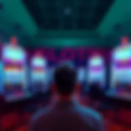 A person contemplating between a single big bet on a slot machine and multiple smaller bets, with two slot machines visible.