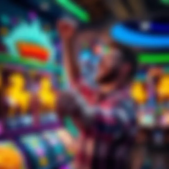 A player celebrating a big win during the bonus round of a colorful slot game with spinning reels and bright graphics.