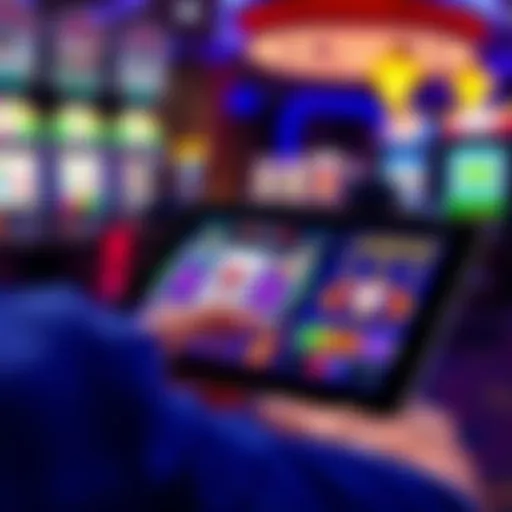 Someone playing slot games on an iPad with colorful graphics and coins