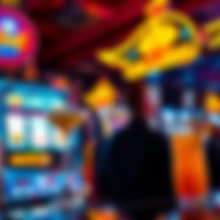A slot machine lit up with colorful lights and a cocktail glass sitting beside it as a player looks on in surprise after someone wins big nearby.