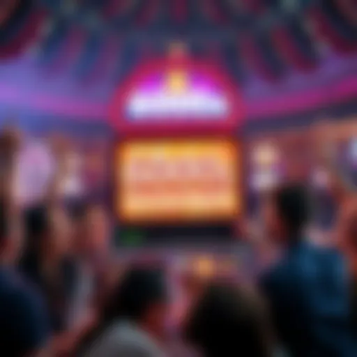 A colorful slot machine with the words '6000x Multiplier' flashing on the screen, surrounded by excited friends celebrating a big win.