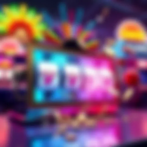 A colorful slot machine displaying a big win with flashing lights and coins spilling out