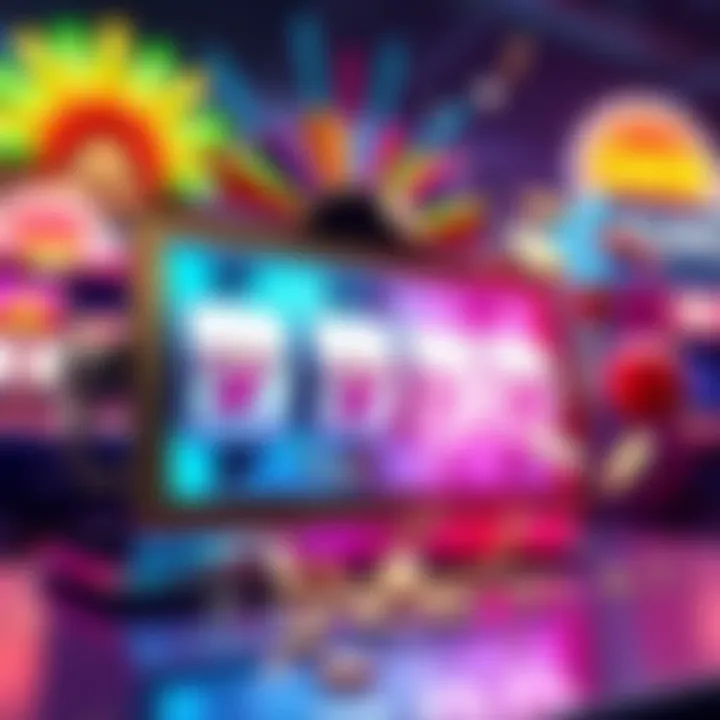 Slot machine with big win A colorful slot machine displaying a big win with flashing lights and coins spilling out