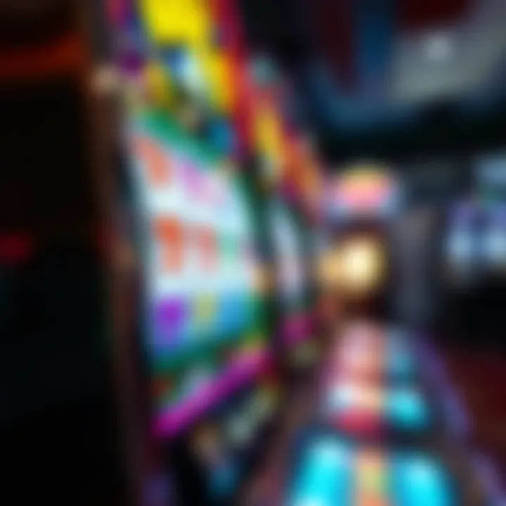 A slot machine showing spinning reels with bright symbols and lights