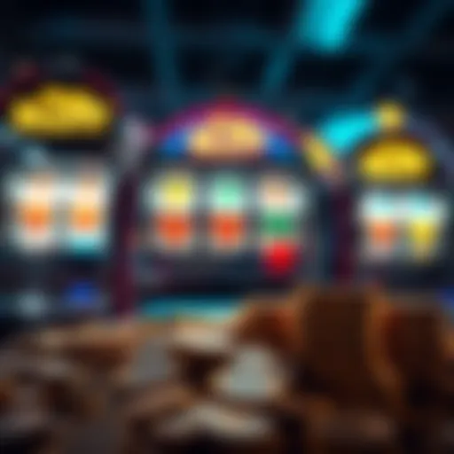 A slot machine displaying bright lights and a pile of coins in front, symbolizing the search for winning slots.