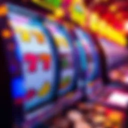 A close-up view of a colorful slot machine displaying reels with various symbols and coins spilling out of the coin slot.