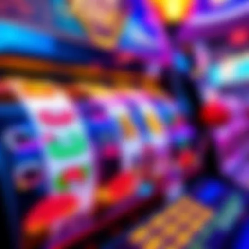 A vibrant slot machine displaying spinning colorful reels and bright lights