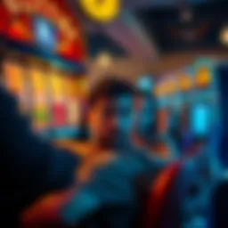 A group of players looking frustrated in front of a slot machine that shows losing symbols.