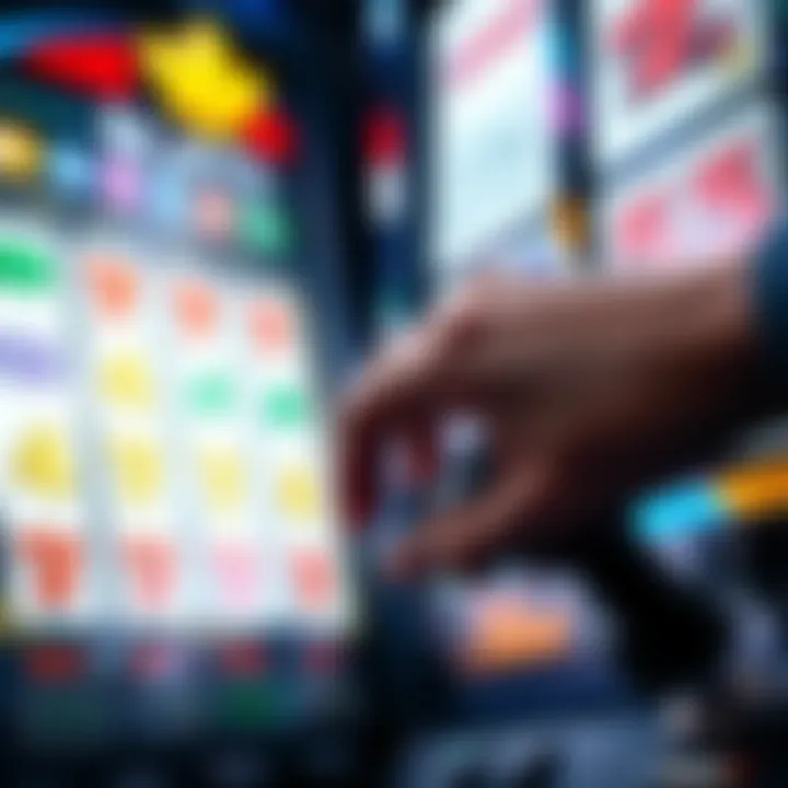 A close-up of a slot machine screen displaying losing symbols with a player's hand resting on the button, reflecting disappointment.