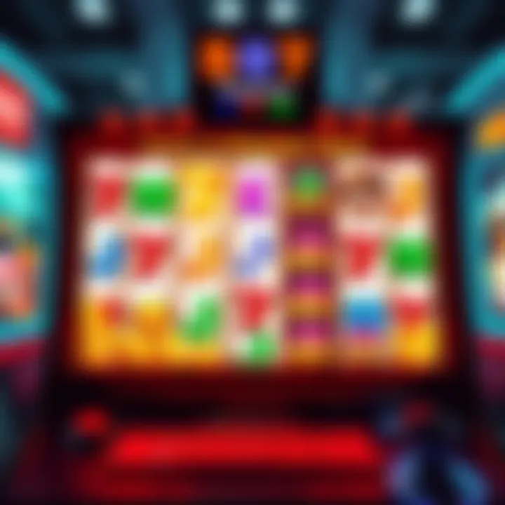 Slot machine with different gameplay styles A colorful slot machine displaying various gameplay styles like slow and chaotic, appealing to different players