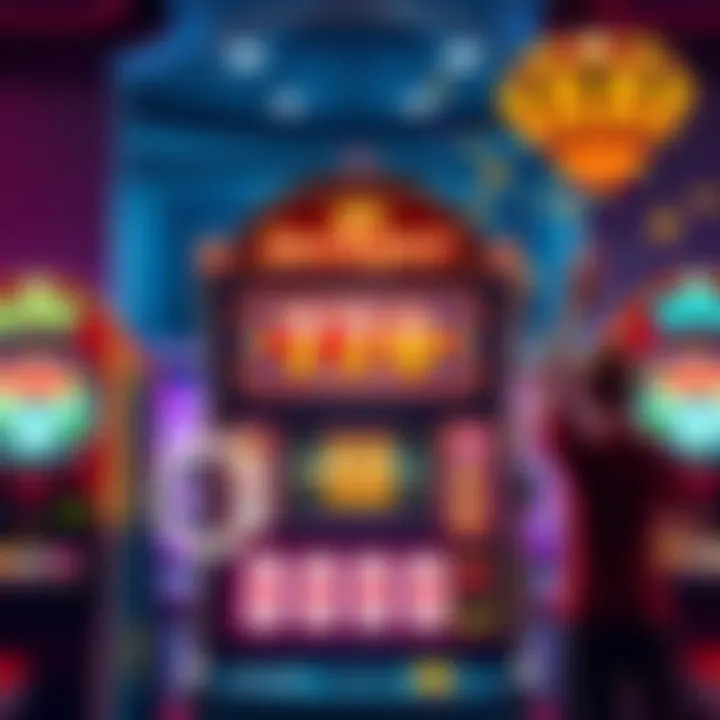 A colorful slot machine showing bright lights and a jackpot amount as people cheer around it