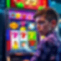 A colorful slot machine showing various symbols like fruits and lucky sevens, with a confused young gambler looking at it, representing potential deception in gambling.