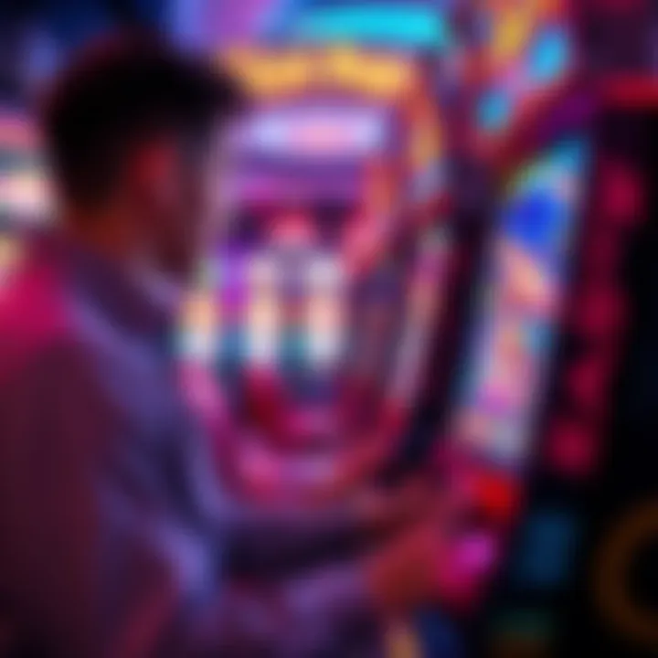 Slot Machine Play A person playing a slot machine with colorful symbols and lights in a casino setting.