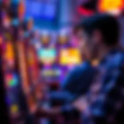 A person focused on a slot machine, pulling the lever with excitement, surrounded by bright lights and sounds in a casino environment.