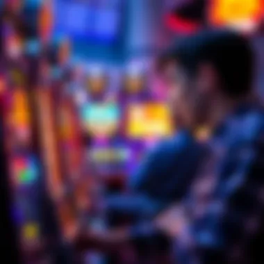 A person focused on a slot machine, pulling the lever with excitement, surrounded by bright lights and sounds in a casino environment.