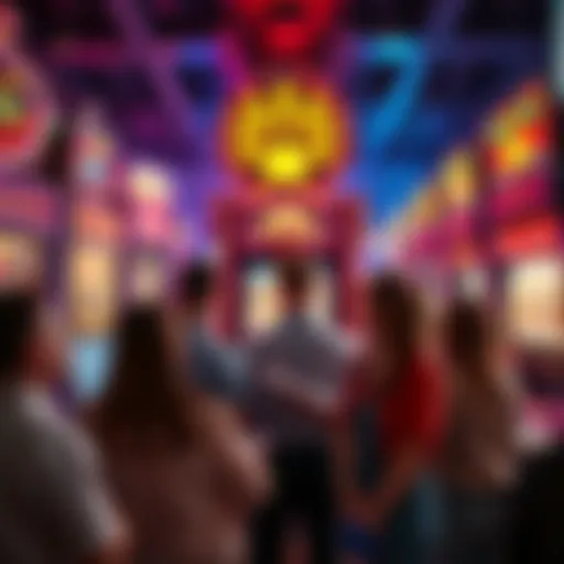 A group of excited people gather around a high-limit slot machine, watching as it displays big wins, with one person taking notes on a notepad for insider tips.