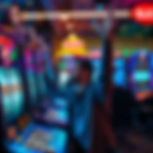 A person celebrating a big win at a slot machine, with coins and colorful lights around.