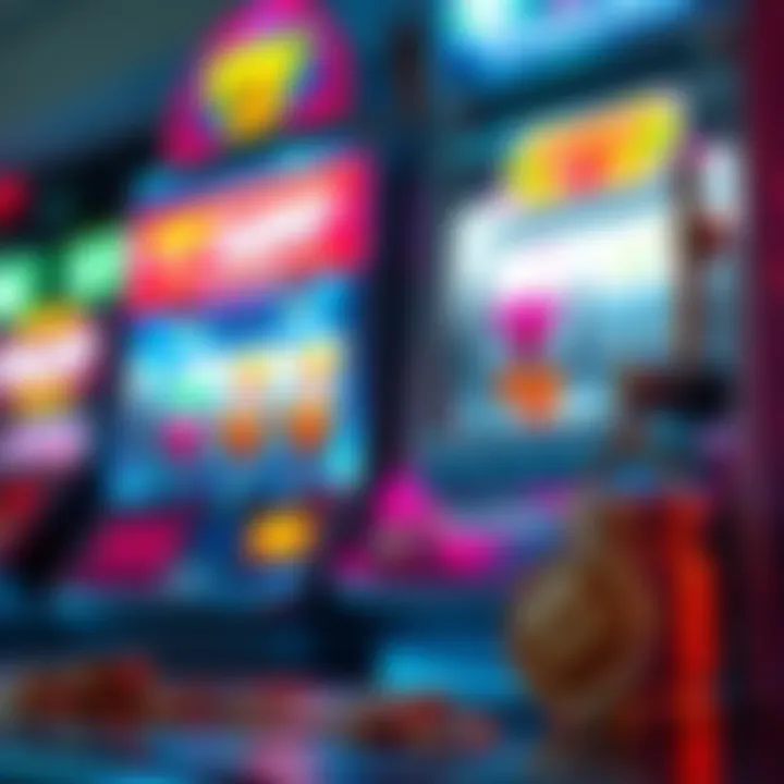 A close-up view of a colorful slot machine with coins and a lucky charm next to it