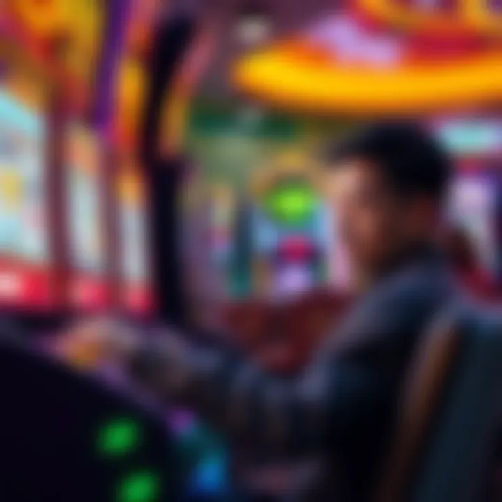A player studying a slot machine with strategy tips on the screen
