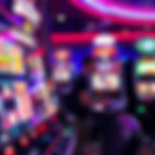 Close-up of a slot machine with colorful lights and reels in a Las Vegas casino, showcasing possible winnings and frustration from players