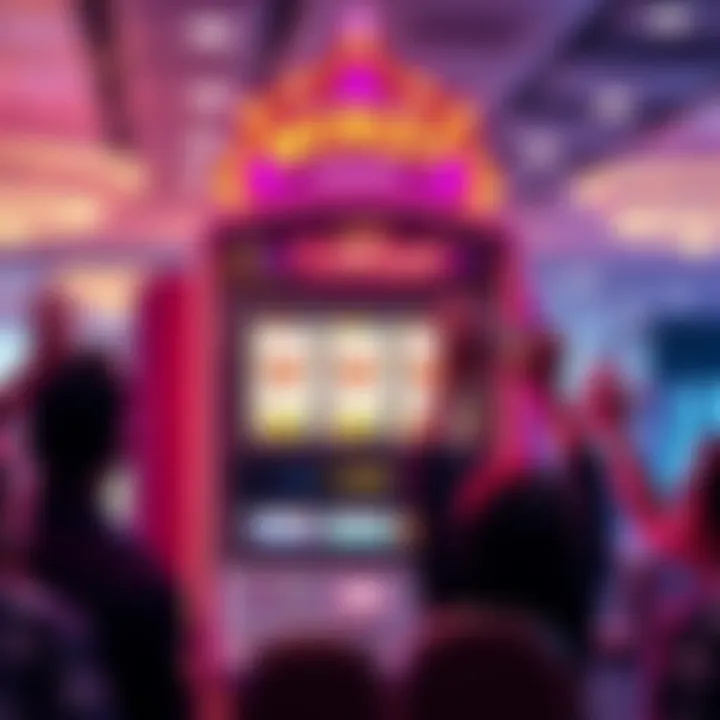 A bright slot machine displaying winning symbols and a large jackpot amount, surrounded by excited players celebrating their big win.