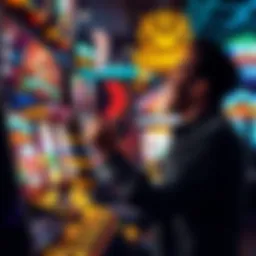 A player celebrating a big win at a slot machine with bright lights and coins spilling out.