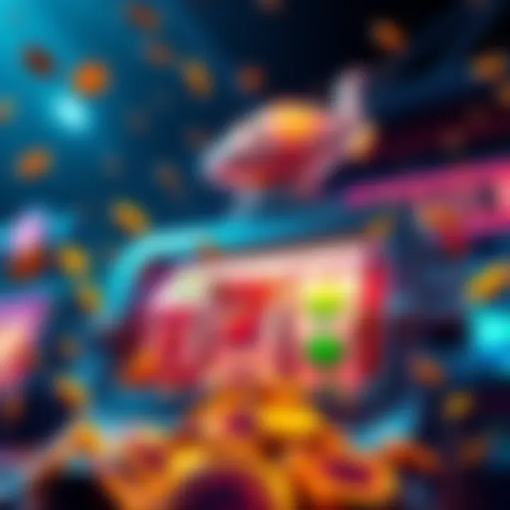 A colorful slot machine displaying winning symbols and coins spilling out, showcasing excitement among players.