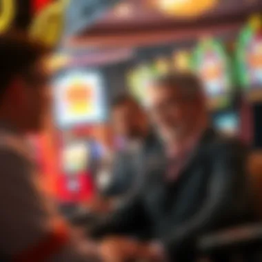 Slot Players Communicating Two experienced slot players exchanging a meaningful glance at a casino, hinting at a shared understanding during the game