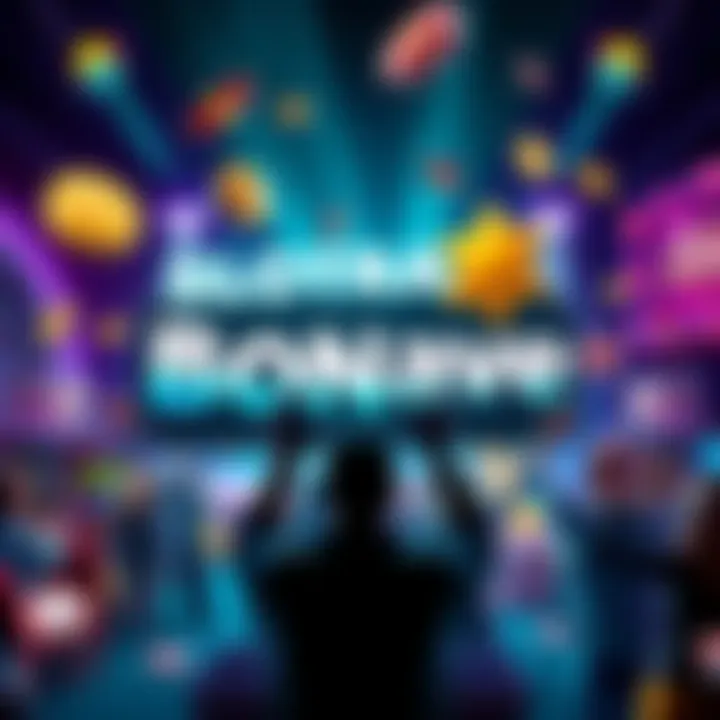 A visual summary of Slotrave's no deposit bonus, showing casino symbols, a bonus sign, and player excitement.