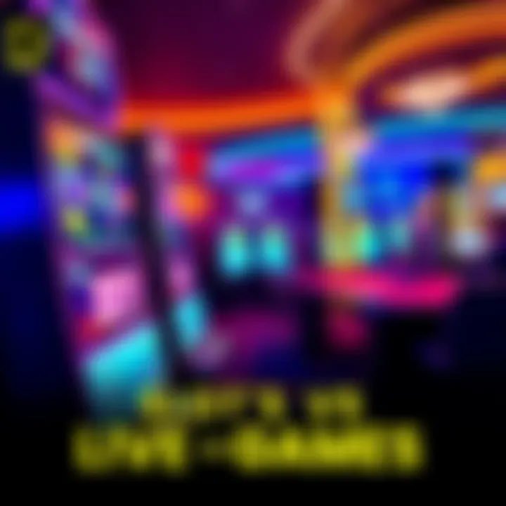 A vibrant scene showing a slot machine on one side and a live dealer gaming table on the other, representing different gaming options.