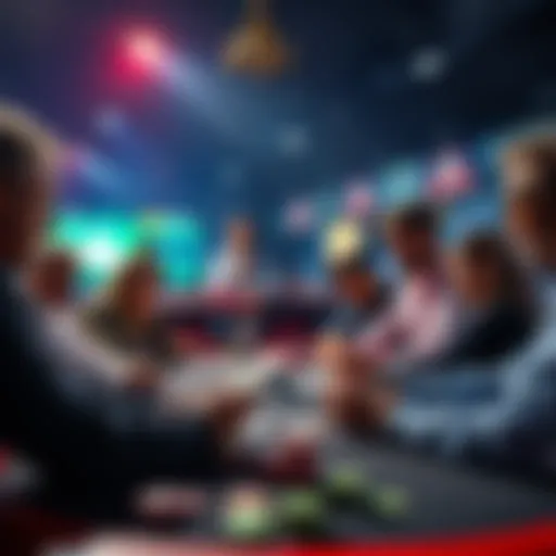 A group of people discussing betting strategies at a table with cards and chips