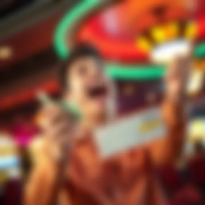 A person excitedly celebrating a big win after placing a $0.20 bet, holding cash and a betting slip, with a colorful background of casino lights