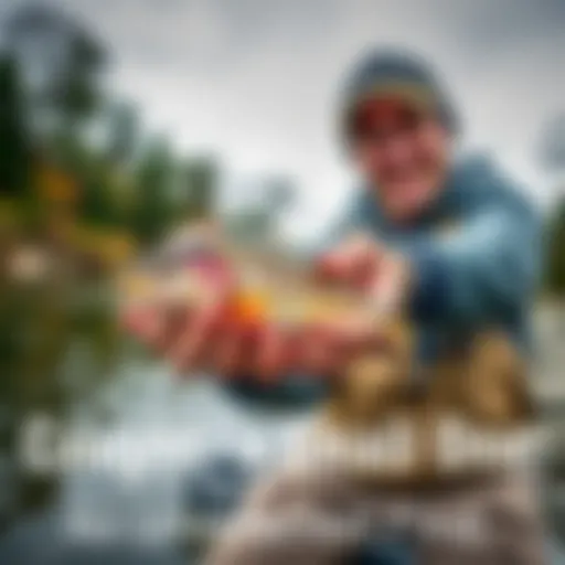 A person holding a small fish by a river, smiling with excitement