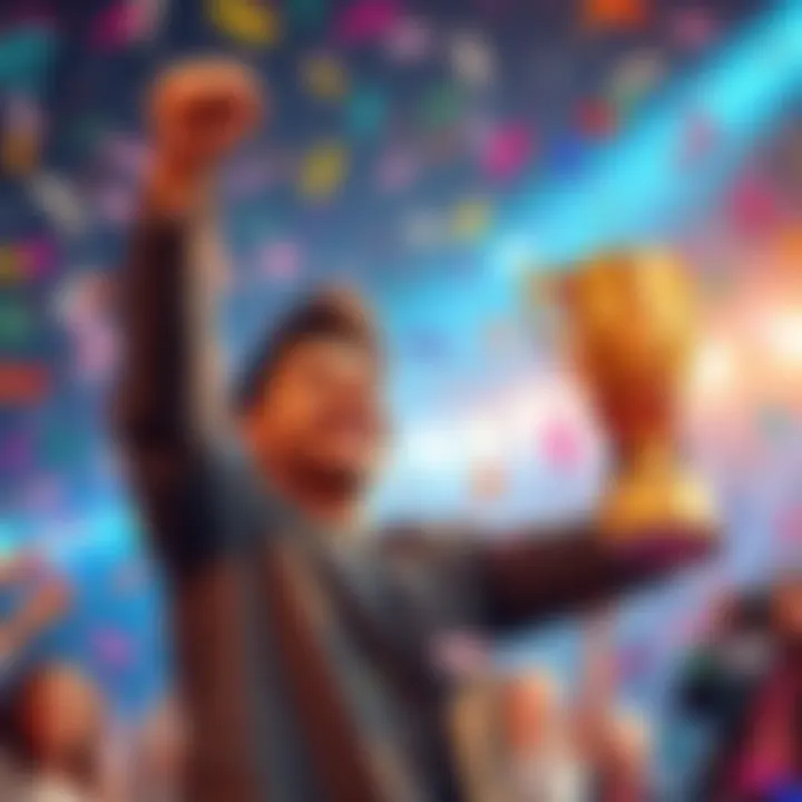 A person smiling while holding a trophy and raising their fist in victory, surrounded by colorful confetti.