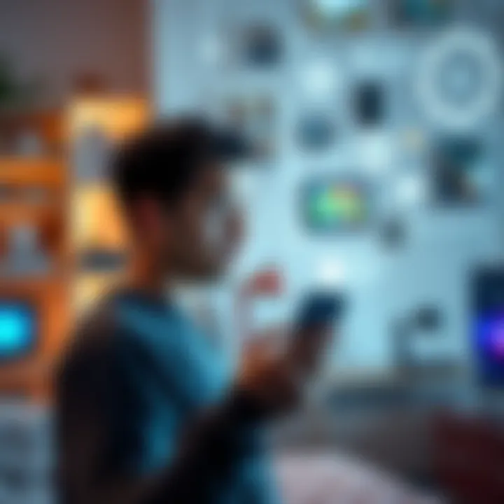 A person looking at a smartphone while surrounded by smart home devices, reflecting on technology's influence on health and daily life.