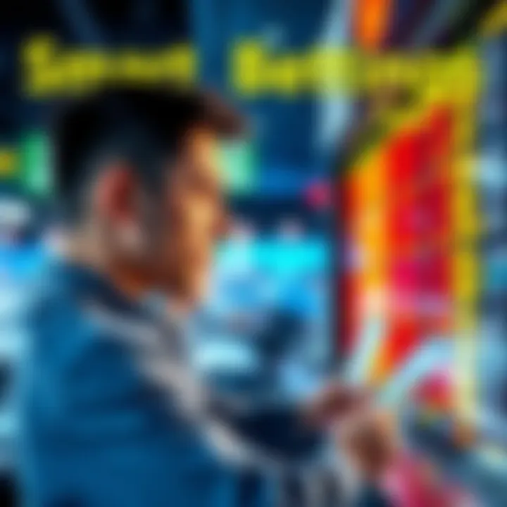 A person placing a bet at a betting window with a focused expression, surrounded by betting slips and odds displays.