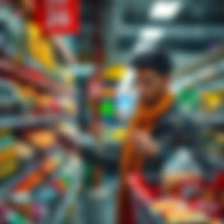 Smart Spending Tips A person comparing prices while shopping, holding a calculator and looking at grocery products to save money.