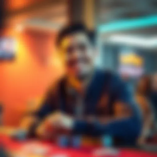 Individual with a warm smile, sitting at a table with cards and chips, showing a mix of emotions while dealing with gambling challenges.