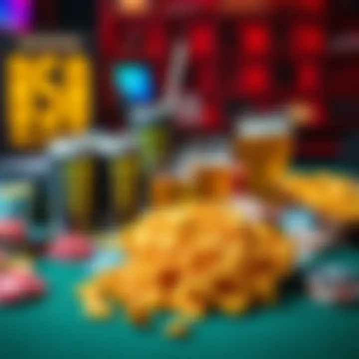 A variety of snacks like cheesy crackers and drinks including white monsters and beer laid out on a tabletop ready for a gambling session.