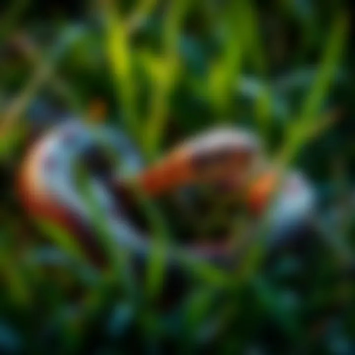 A snake resting in green grass, highlighting increased snake activity.