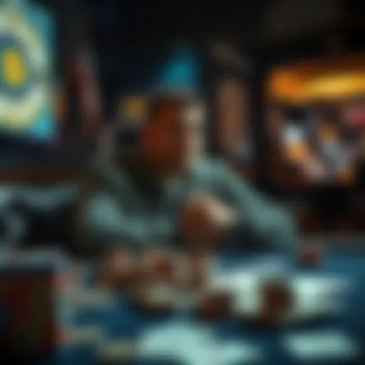 A sober individual sitting alone, looking thoughtful while surrounded by gambling tokens and cards, reflecting on the temptation to gamble after a night out.